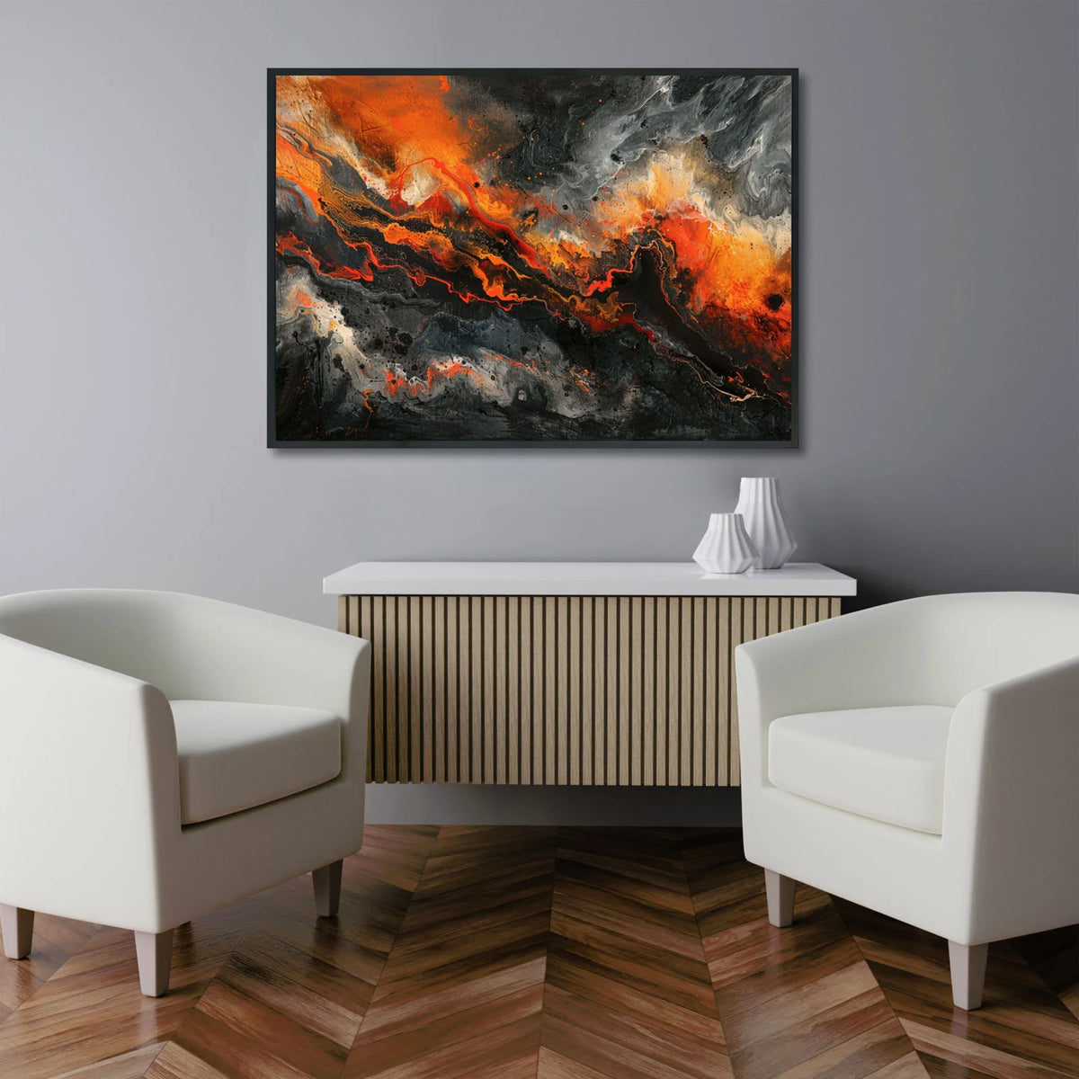 Black orange abstract wall art print, modern fluid pouring painting, dramatic fiery swirl abstract canvas for contemporary interior wall decor