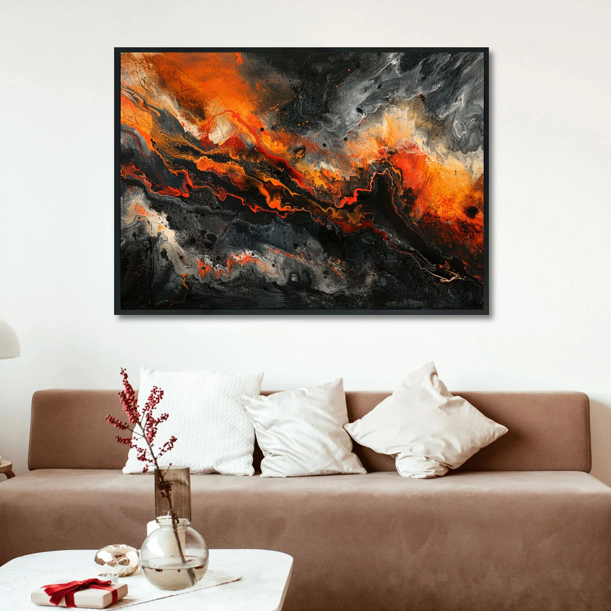 Bold fluid abstract artwork, swirling streaks of fiery orange, vivid red and smoky grey flow across deep black background, textured paint splatters create dynamic turbulent visual movement