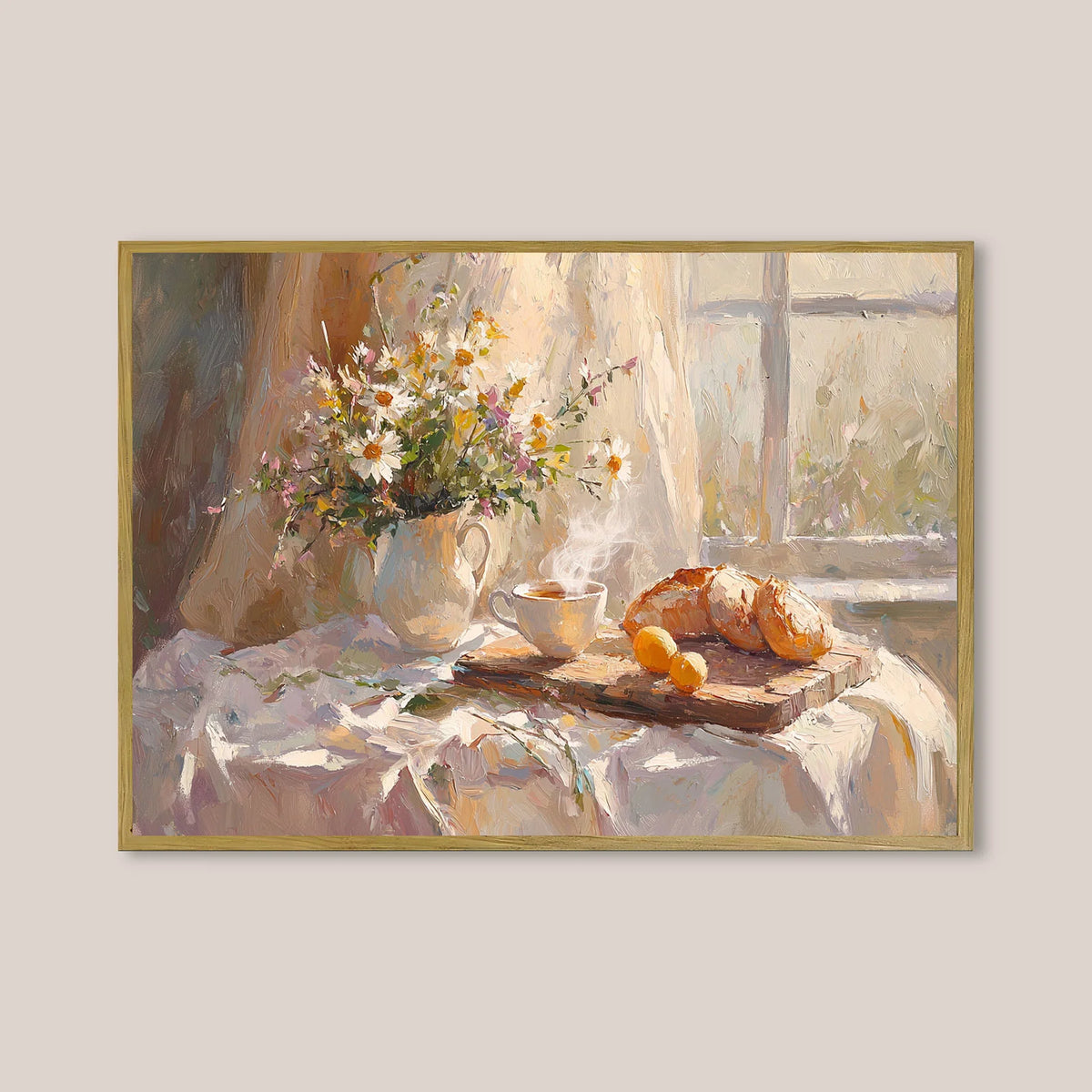 Impressionist food painting, croissant and daisy vase on linen tablecloth