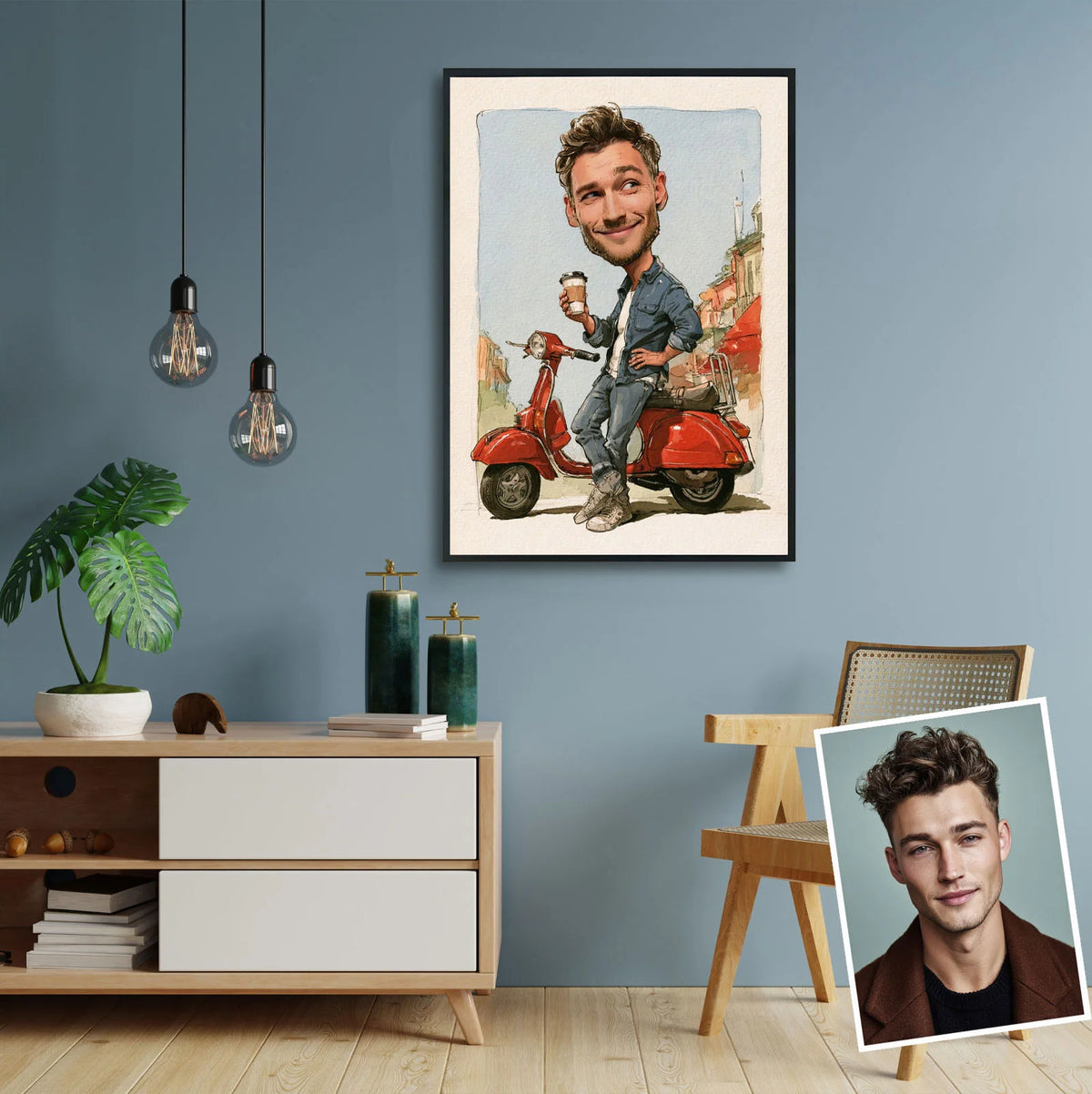 Custom caricature of man sitting on red scooter holding takeaway coffee, street watercolor sketch