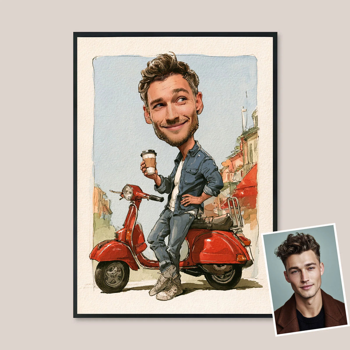 Custom gift caricature drawing man seated red scooter downtown street scene