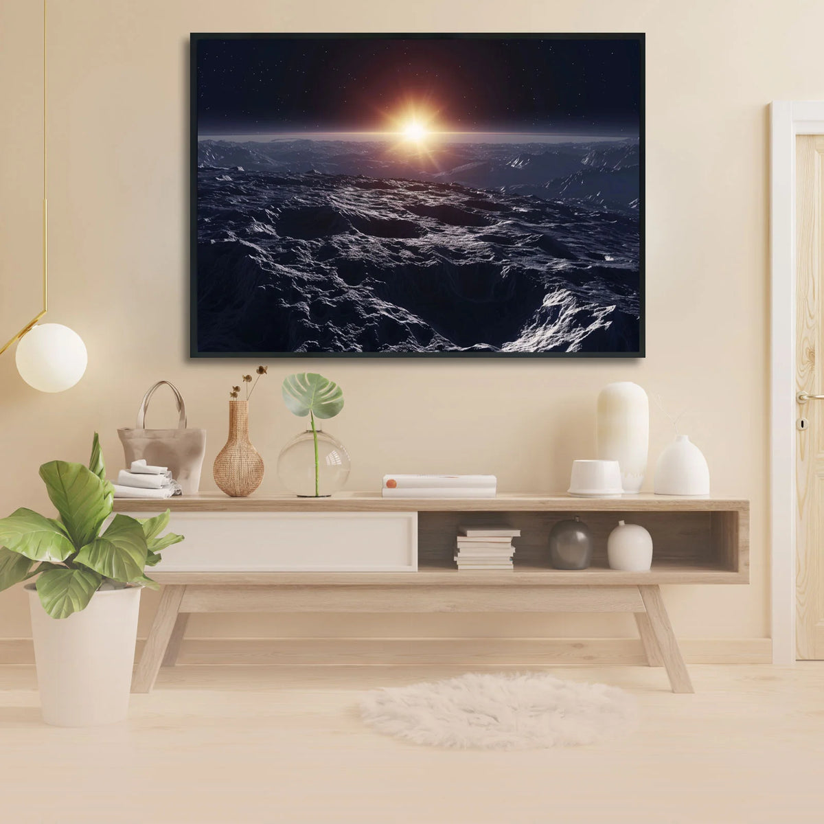 Outer space landscape wall print, alien planet surface artwork, sunrise over rocky lunar‑like terrain amid vast star‑filled cosmic backdrop
