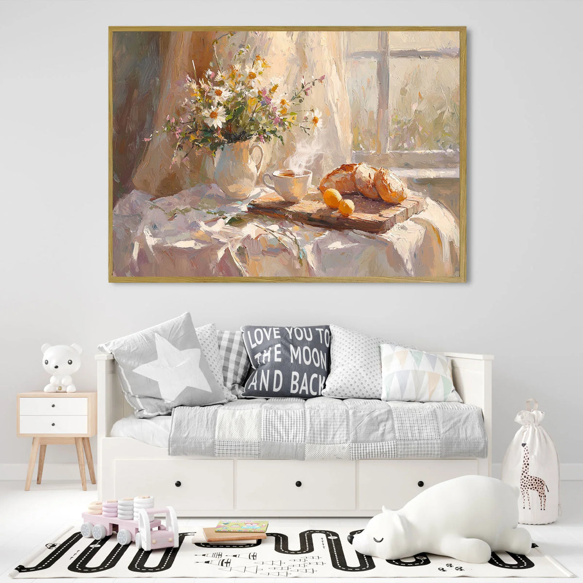Still life oil painting, wild daisies in pitcher, hot drink, bread and citrus by sunlit window