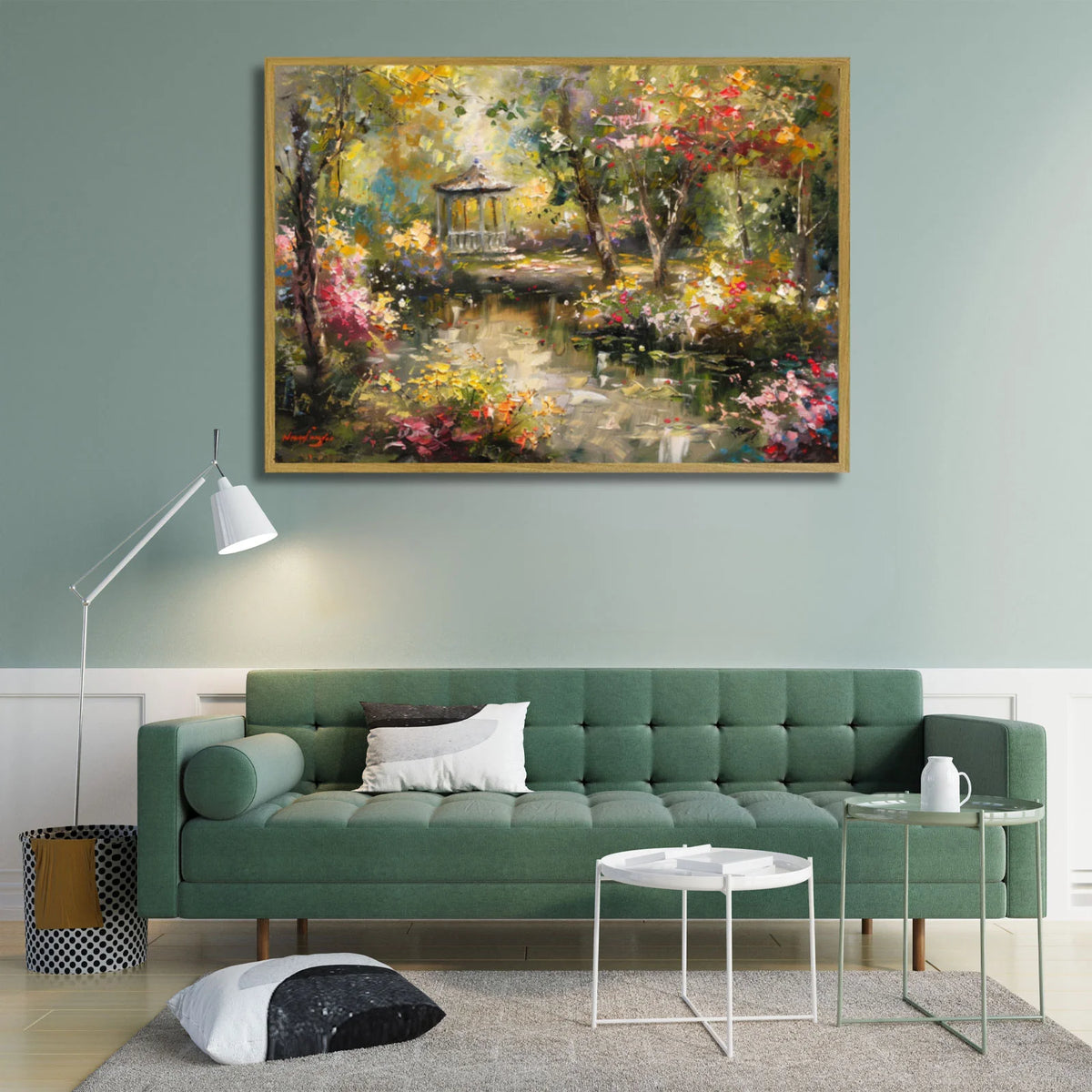 Canvas artwork depicting park scenery, open‑air pavilion surrounded by blossoming shrubs reflected in still water basin