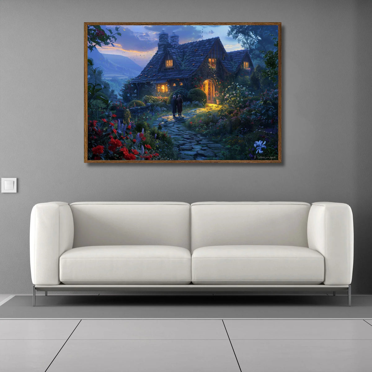 Two figures walk along cobblestone pathway toward a cozy stone cottage, glowing warm windows amid lush blooms under twilight sky