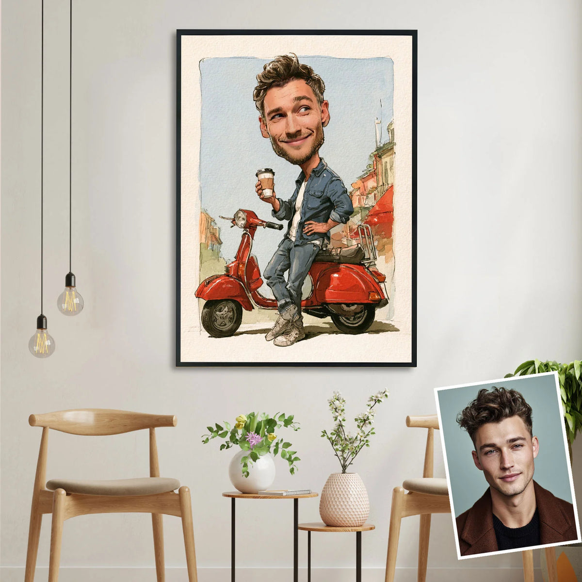 Personalized caricature drawing for men, guy with coffee sitting on red scooter European street background