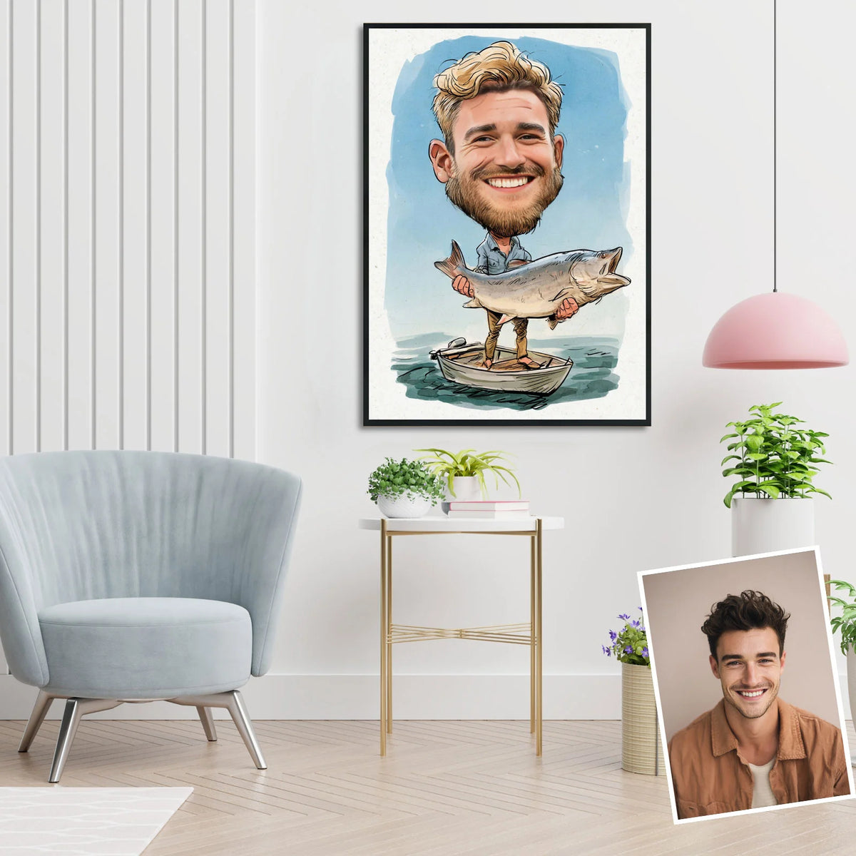 Funny caricature art for angler, man standing in tiny boat with his big catch fish
