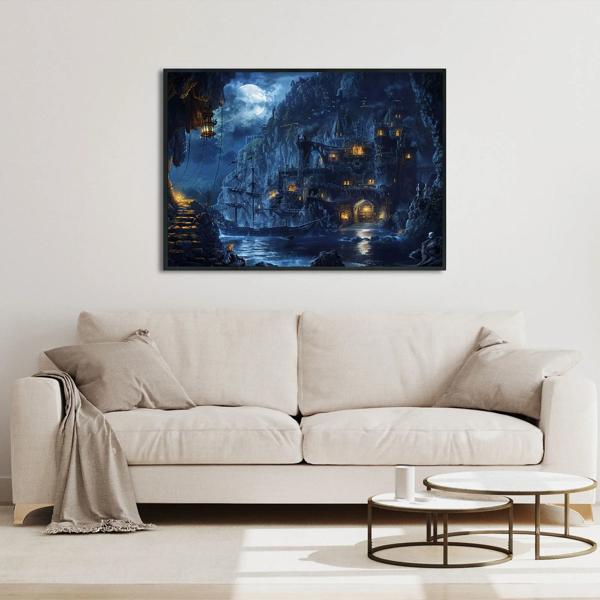 Massive cliff‑built fortress glows with interior lights, old sailing vessel rests in rocky harbour beneath large luminous full moon