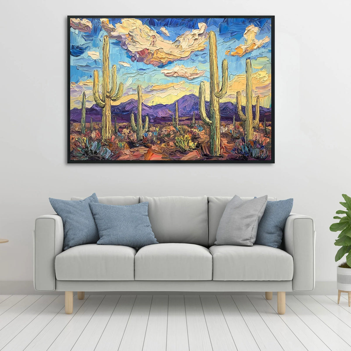 Thick impasto Saguaro Art featuring Arizona desert cacti and violet mountains for Southwestern home decor