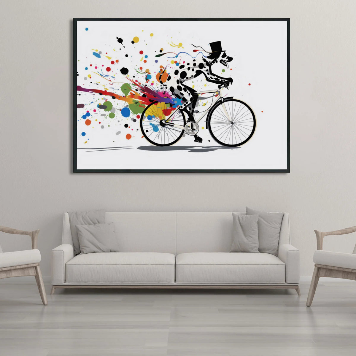 Pop‑art print of a spotted dog with top hat riding bicycle