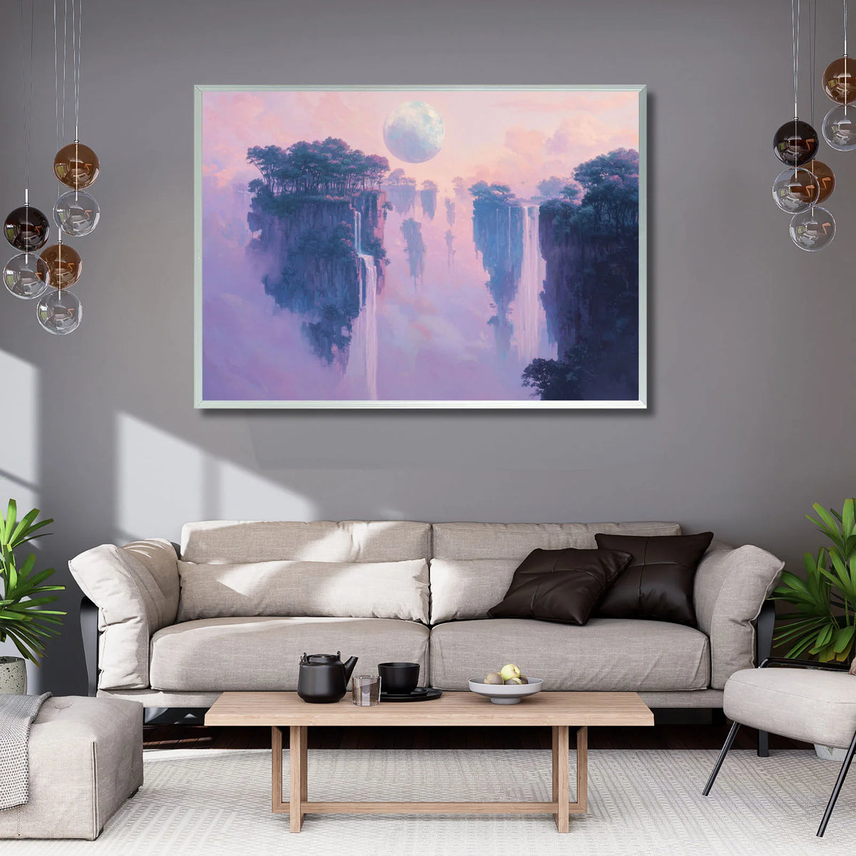 Fantasy landscape wall art, towering waterfalls on floating rock formations beneath glowing full moon