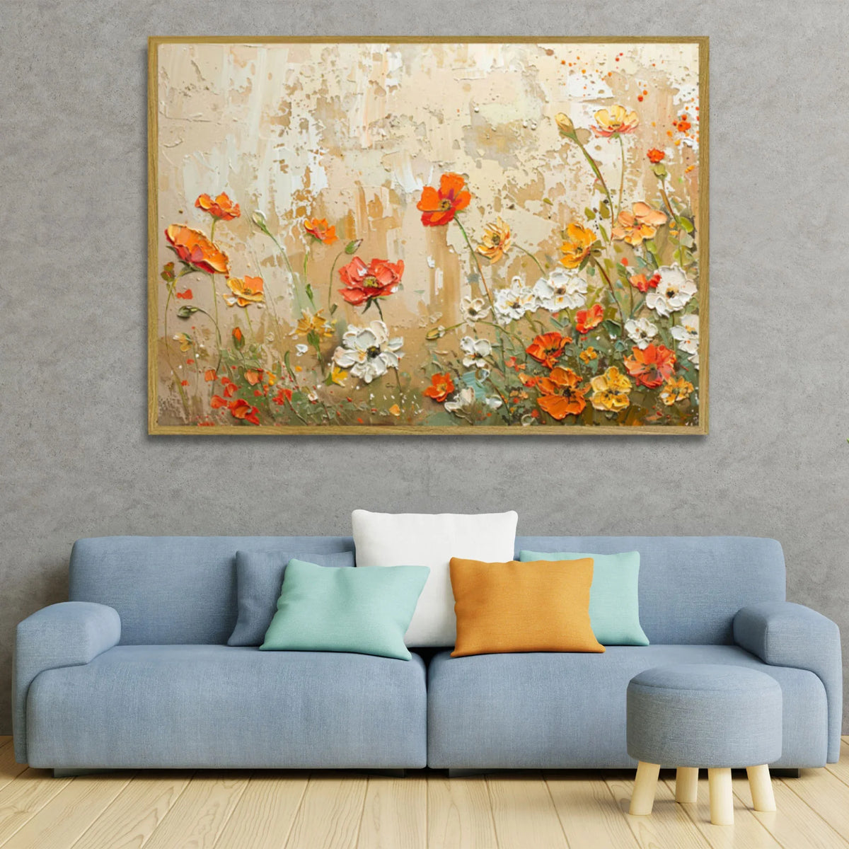 Thick impasto painting of wild chrysanthemum, orange‑yellow and white blooms against textured aged canvas background