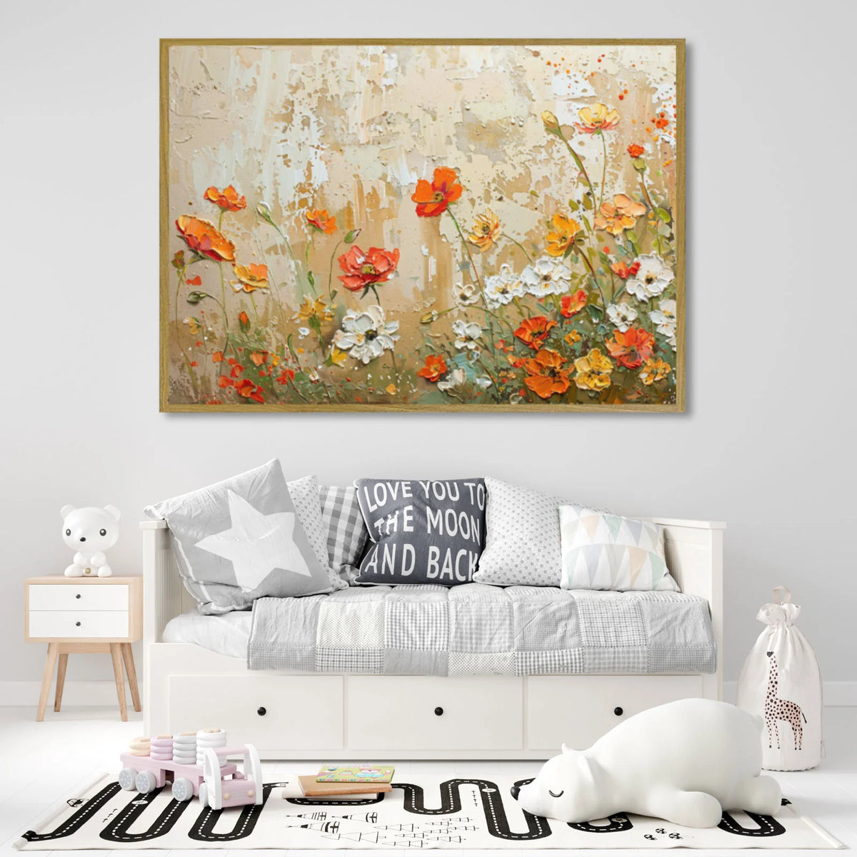 Floral Oil Painting, textured oil artwork with bright wild spring flowers on neutral worn backdrop