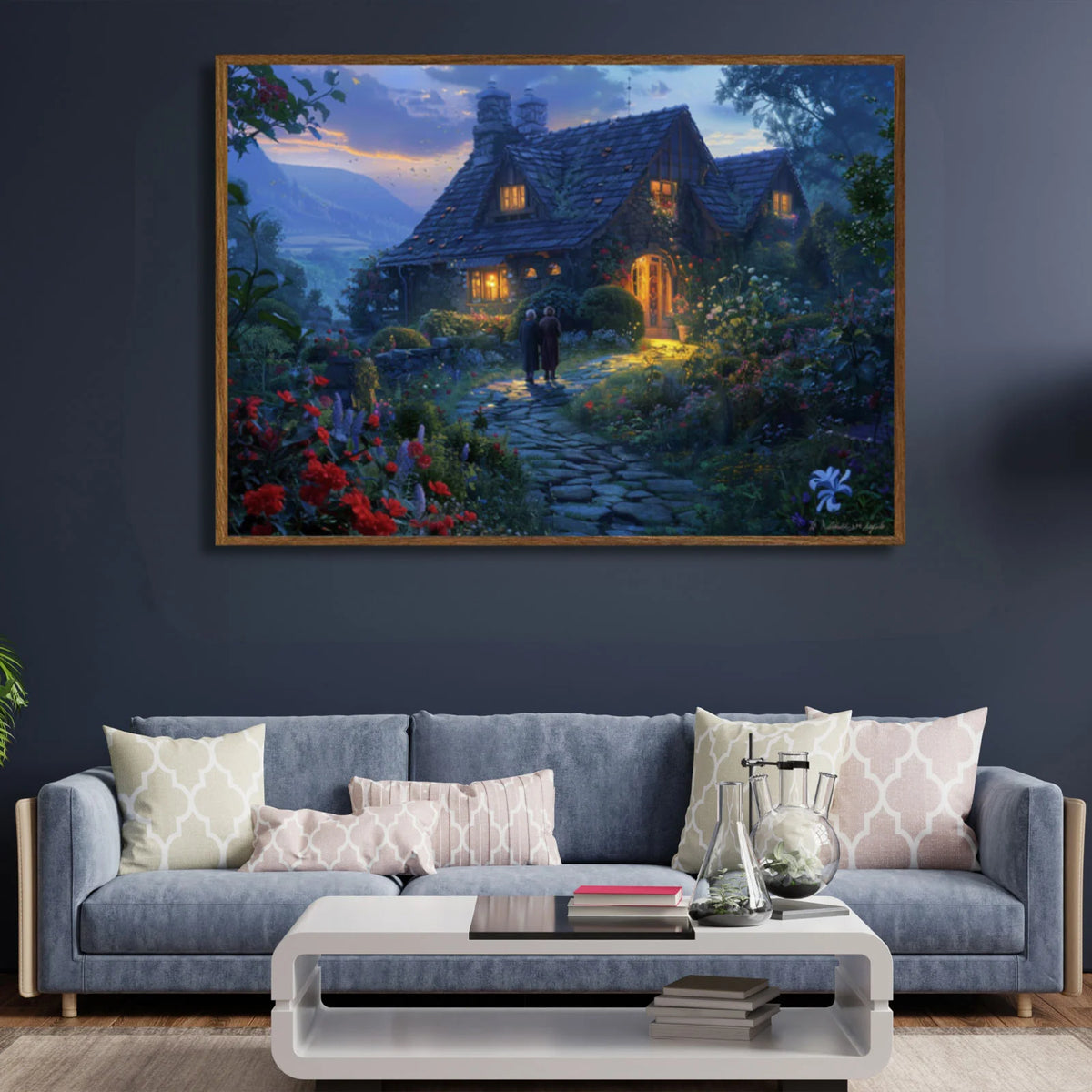Cottage garden wall art, twilight stone path leading to warm lit country house