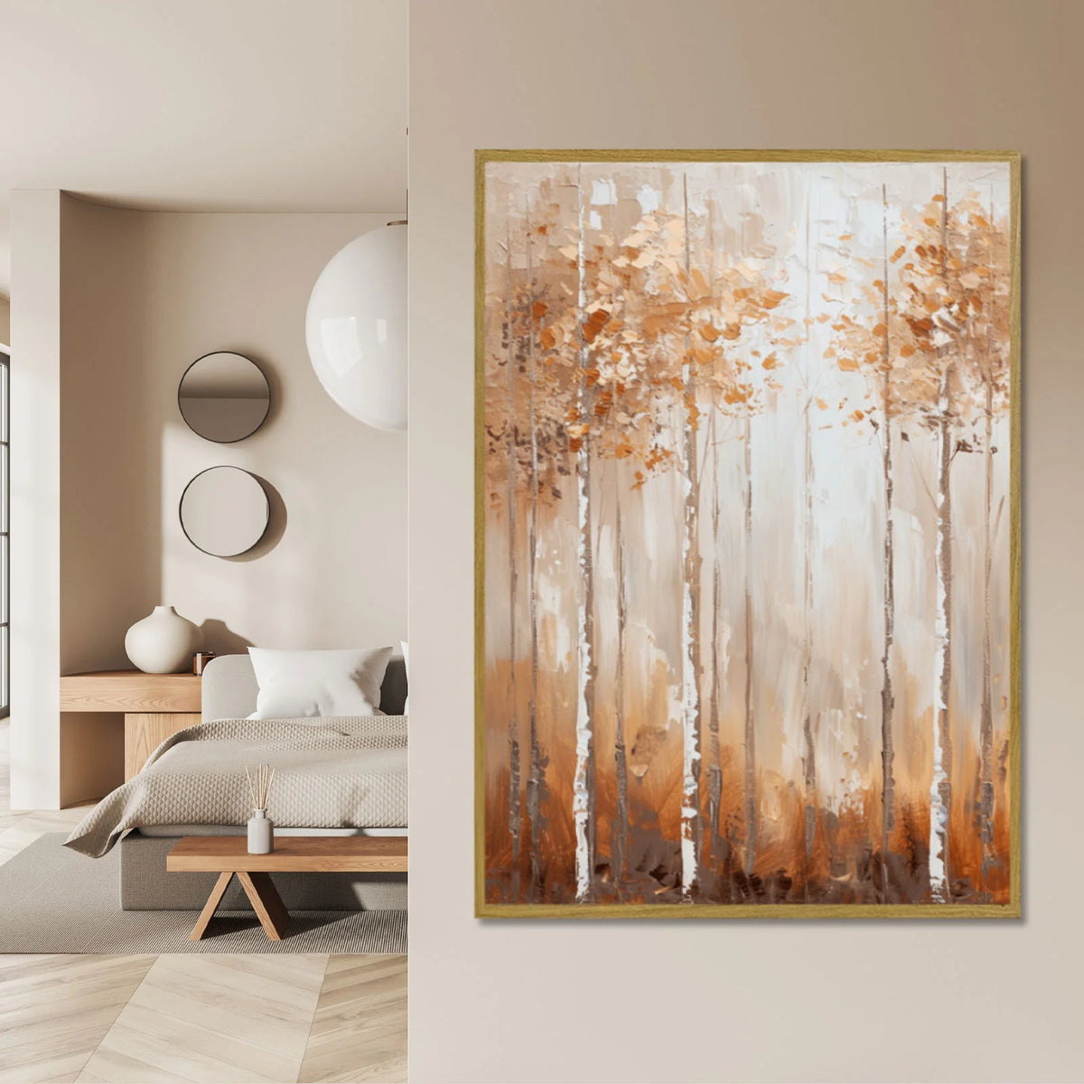 Textured birch tree wall art, warm autumn foliage vertical canvas
