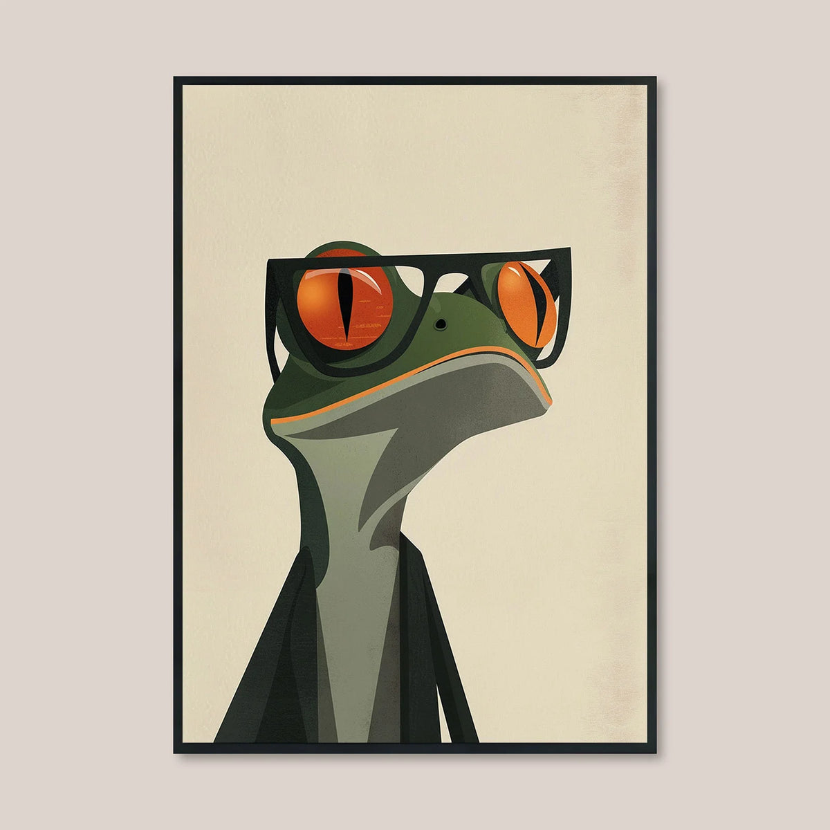 Graphic green frog artwork on gallery canvas for contemporary reading nook and creative studio decor