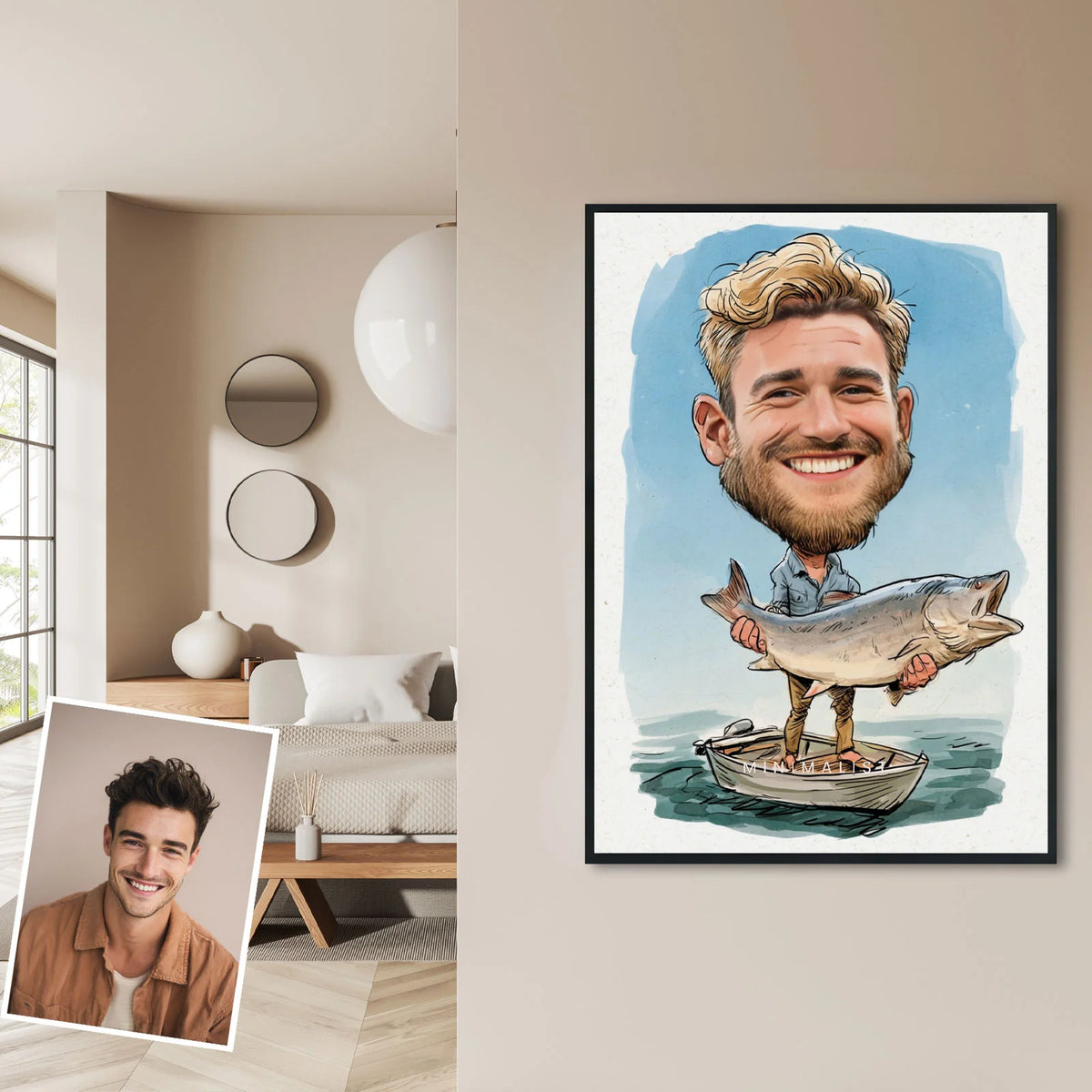 Custom fisher caricature drawing, blonde‑bearded man proudly holding giant fish on boat
