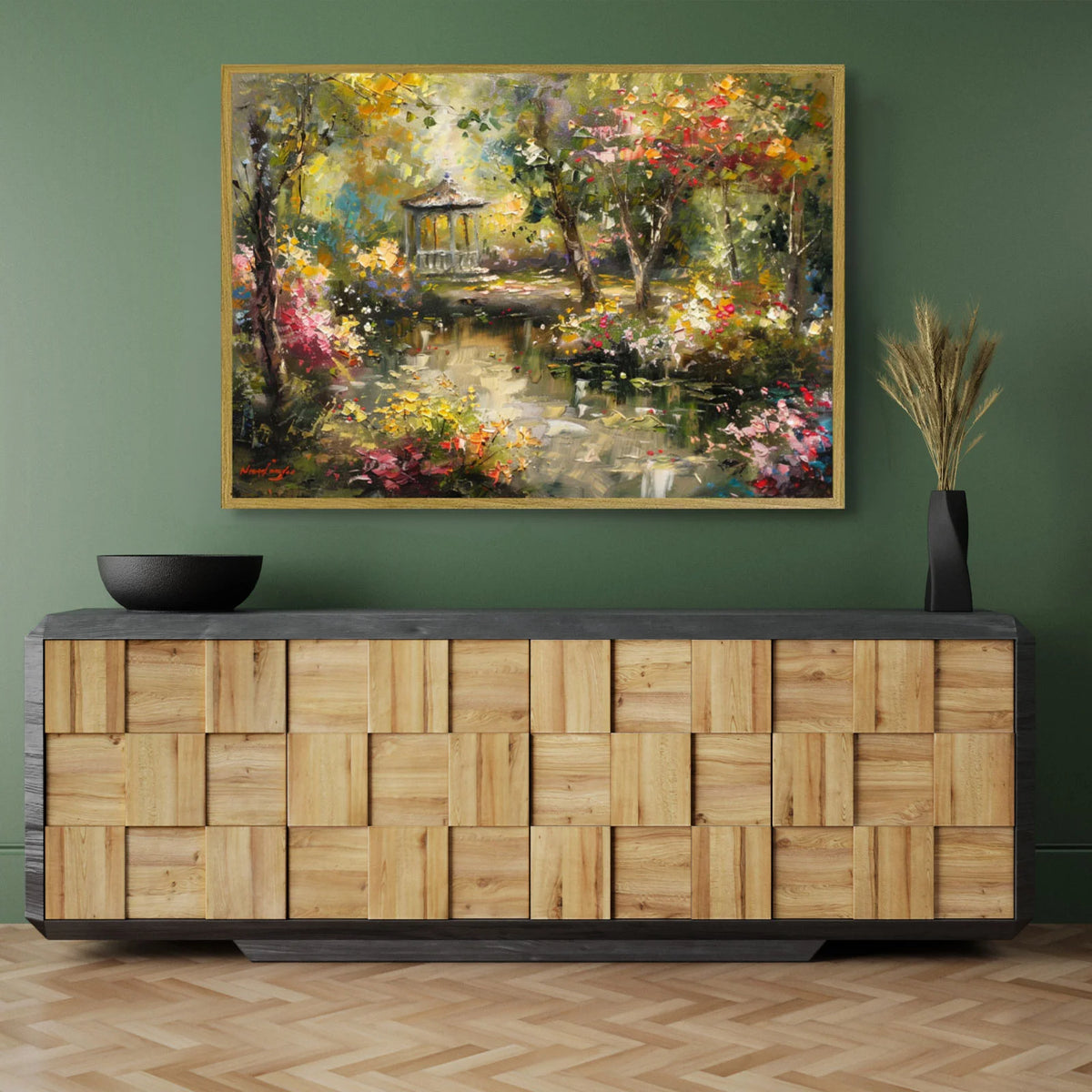 Impasto‑style painting of ornamental gazebo beside calm pond, vivid multicolored foliage and water lily pads scattered across water surface