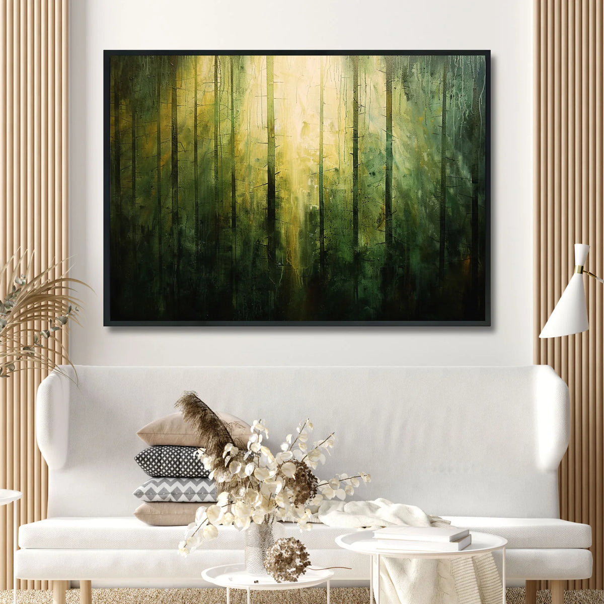 Tall slender tree trunks fill frame, golden sunlight filters deep into misty woodland, blended green‑toned paint creates hazy atmospheric forest scene
