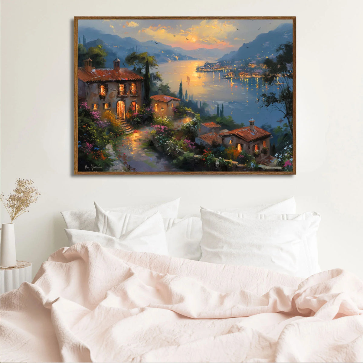 Mediterranean landscape painting featuring a sunset over a coastal Italian village with impressionist oil impasto textures on canvas.