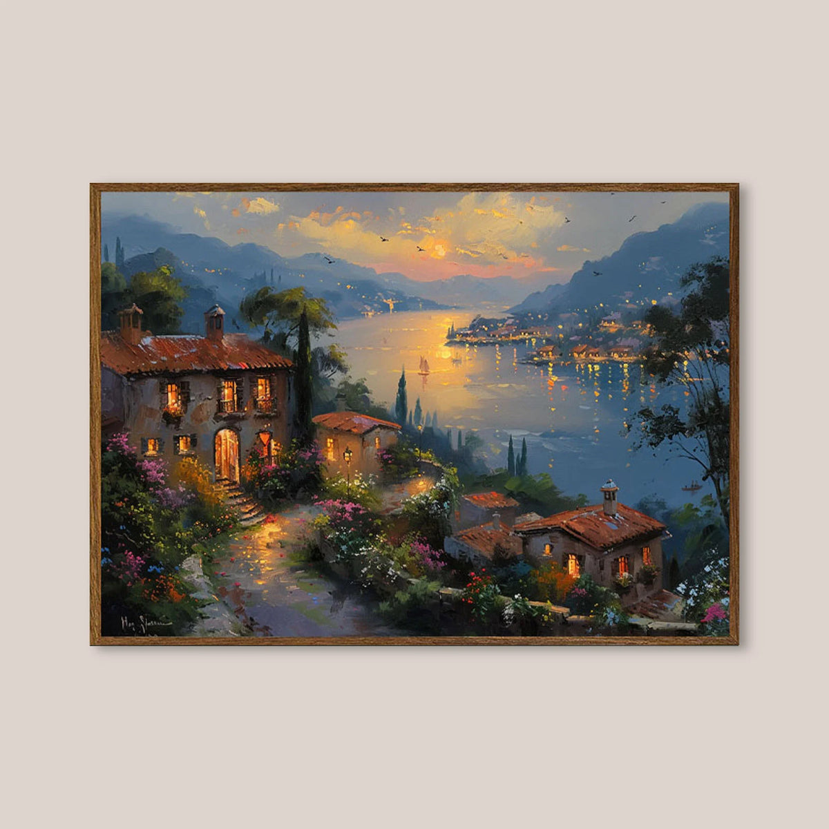 Mediterranean lakeside wall art, sunset village with glowing cottage lights