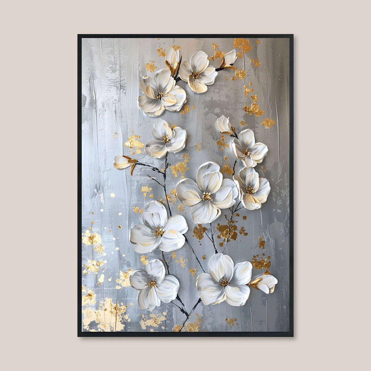 Textured white magnolia canvas print with gold accents for contemporary bedroom wall decor