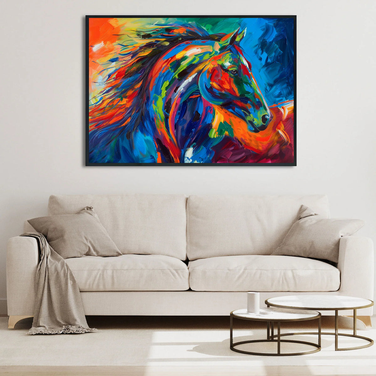 Modern horse wall painting, bright rainbow color portrait of stallion