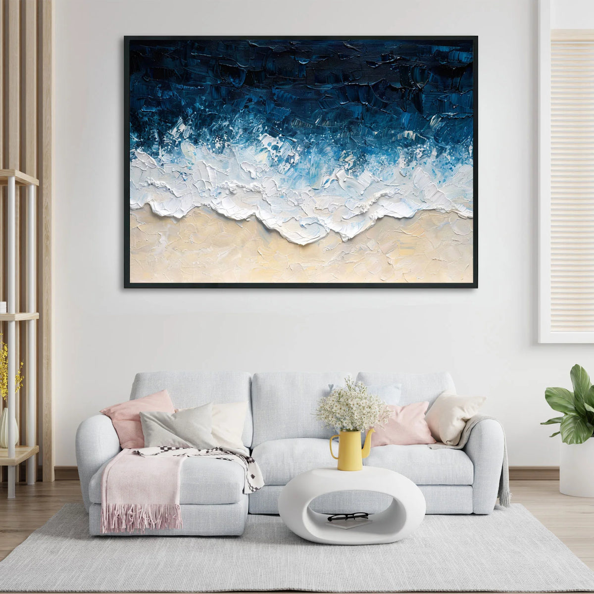 blue wave art, white surf breaking on sand