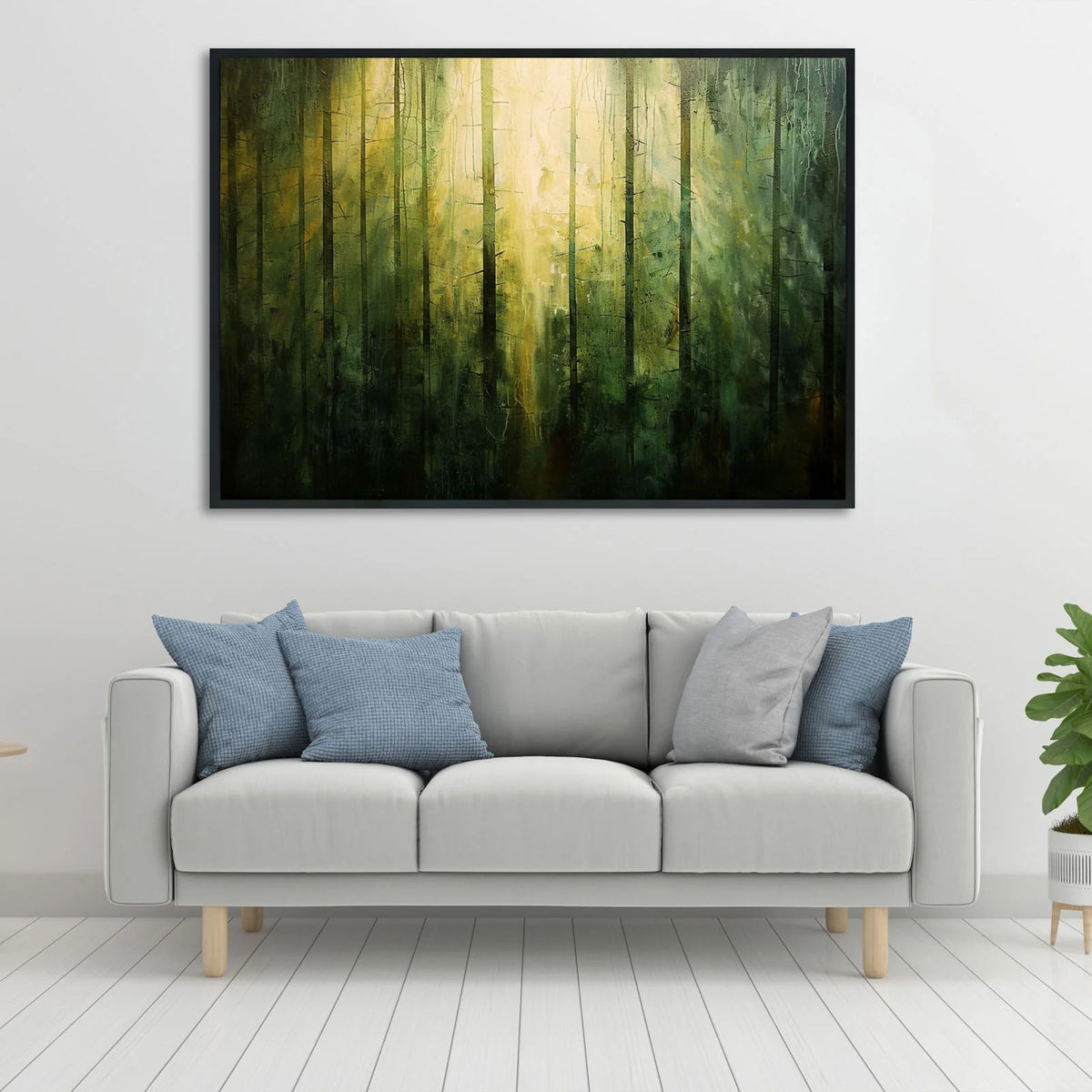 Abstract forest wall art with golden sunlight filtering through tall thin tree trunks for living room decor