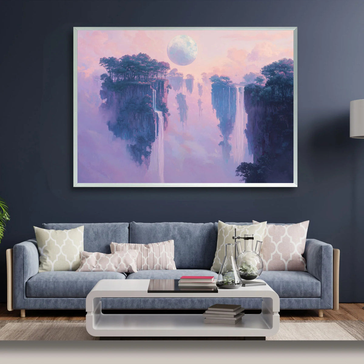 Surreal painting of floating cliff islands with waterfalls under large pale moon, pastel purple‑pink mist sky