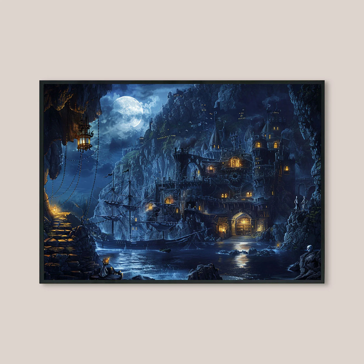 Dark fantasy landscape painting, medieval cliff castle by sea at night