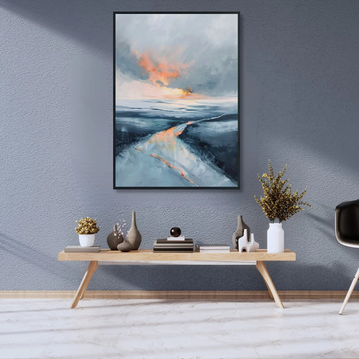River wall painting, cool blue tones with warm sunset streak