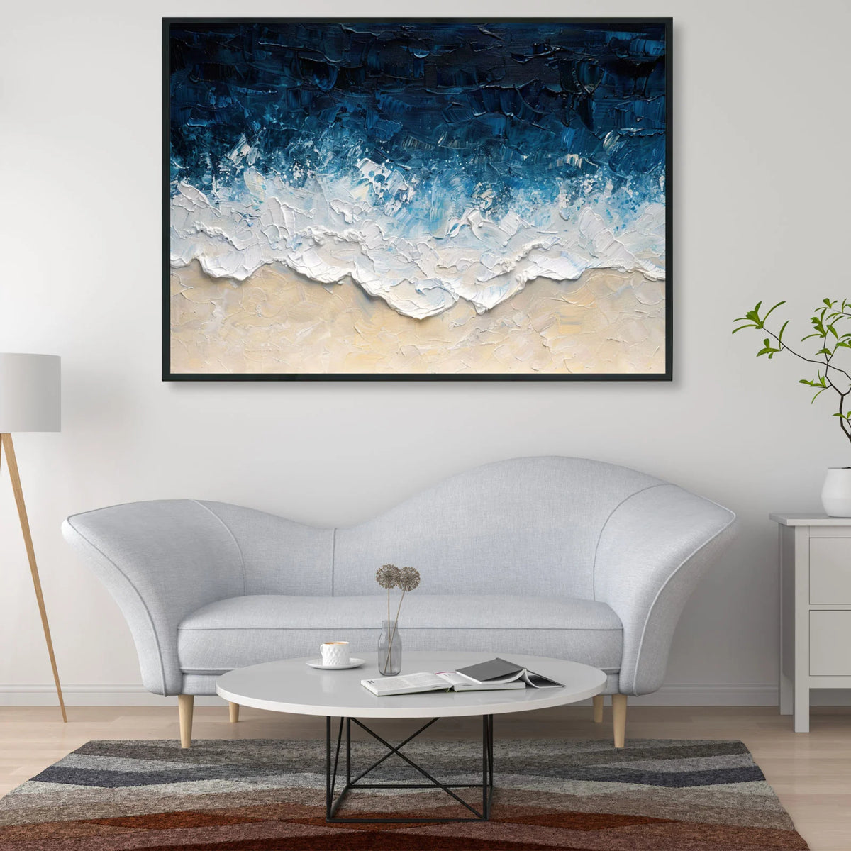 Textured seascape wall art, impasto painting of foamy sea waves meeting pale shoreline