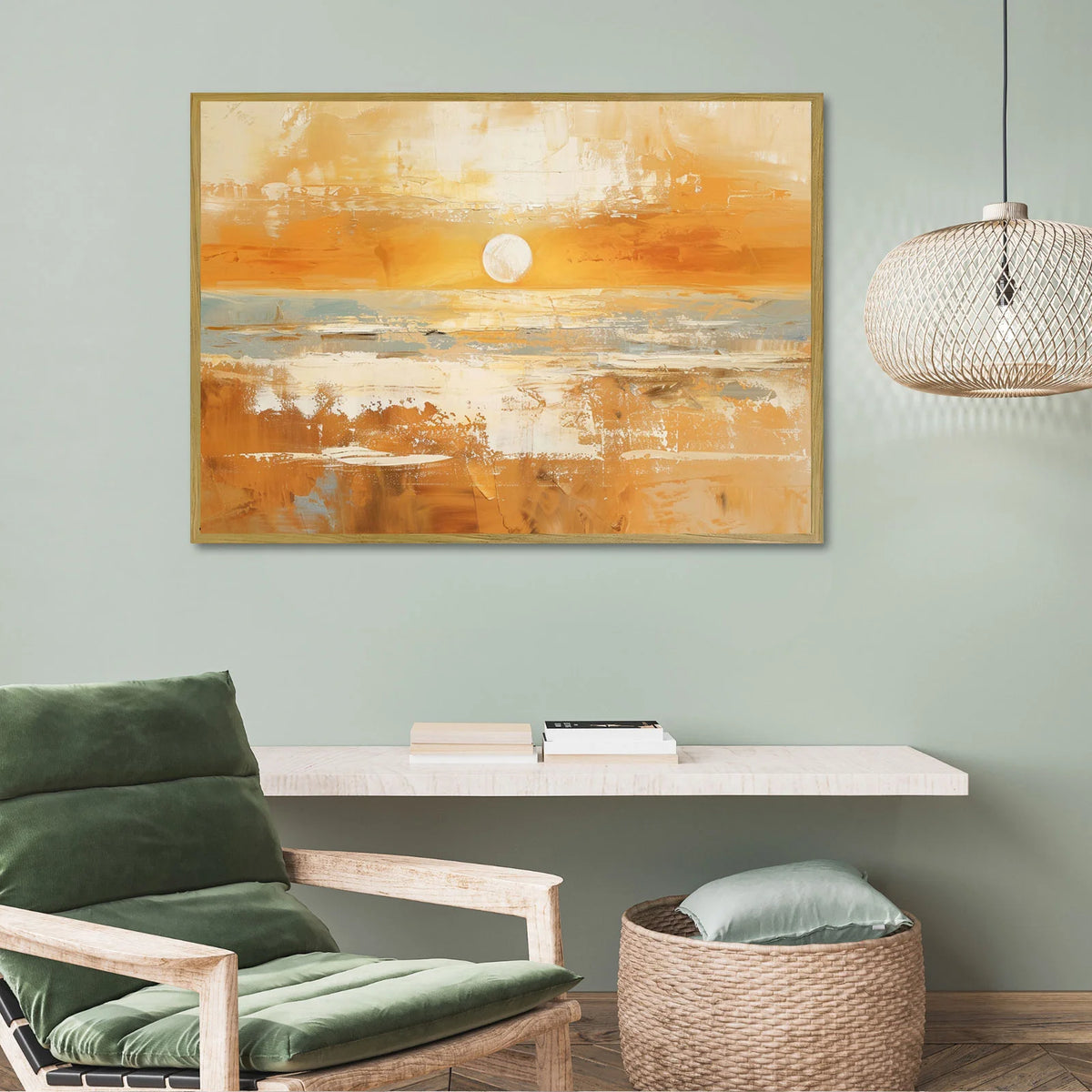 Horizontal impasto seascape painting of golden sunset over sea for interior styling