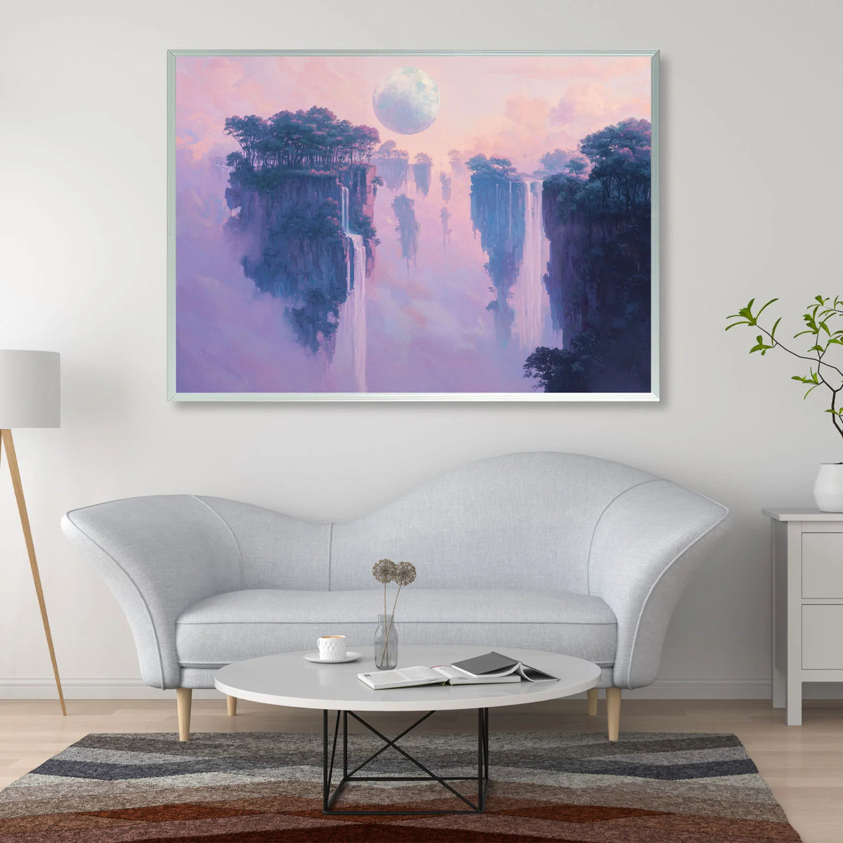 Fantasy floating island wall art, waterfalls drop from cliff islands under full moon