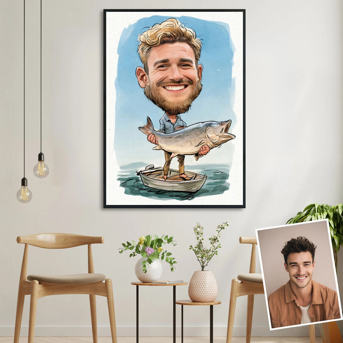 Funny custom caricature, bearded fisherman standing on little boat holding trophy fish