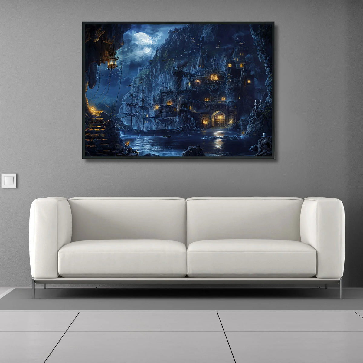 Gothic maritime fantasy canvas print with pirate ship and moonlit harbor