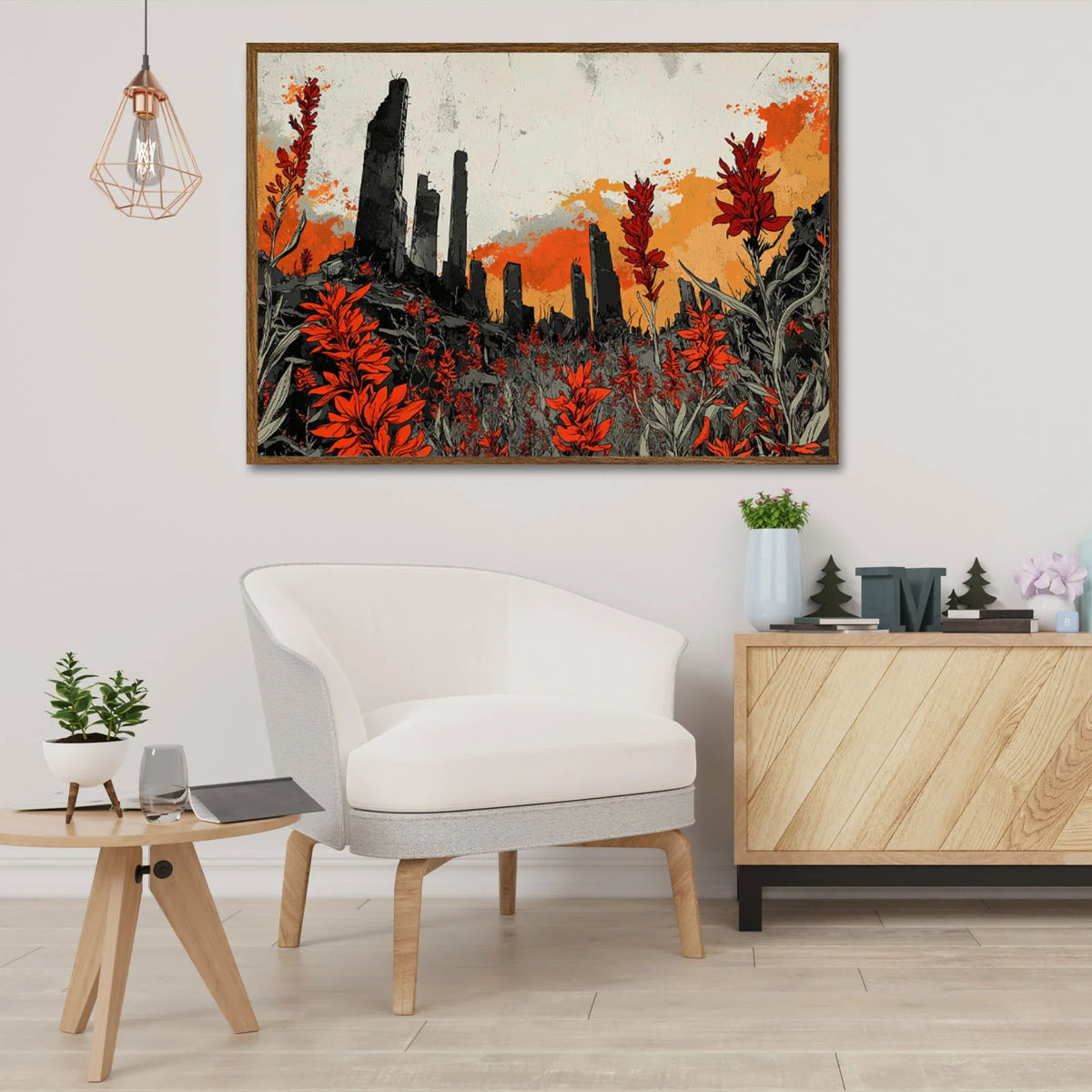 Grunge landscape canvas print with red blooms and broken stone ruins