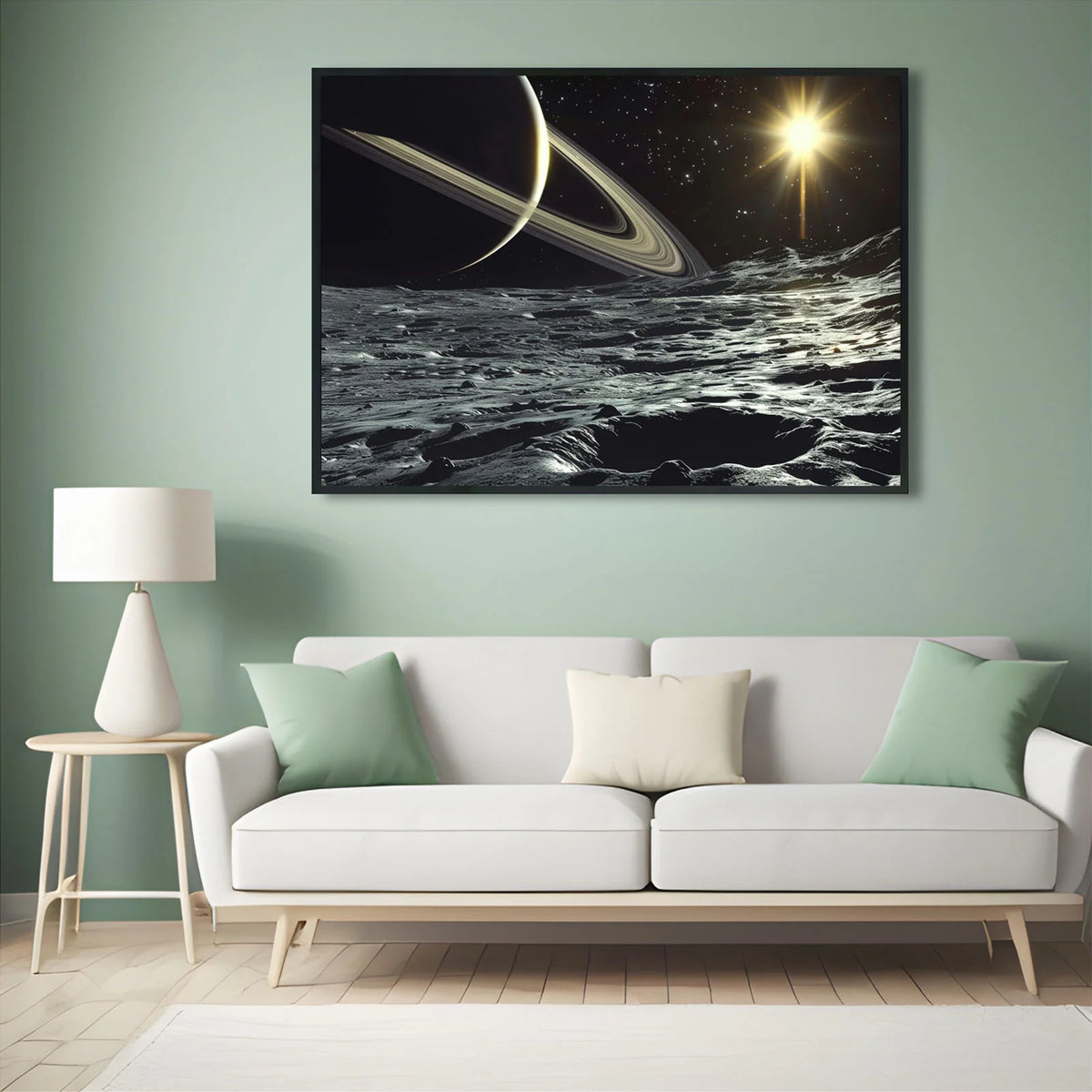 Space landscape print showing ringed planet from rocky moon