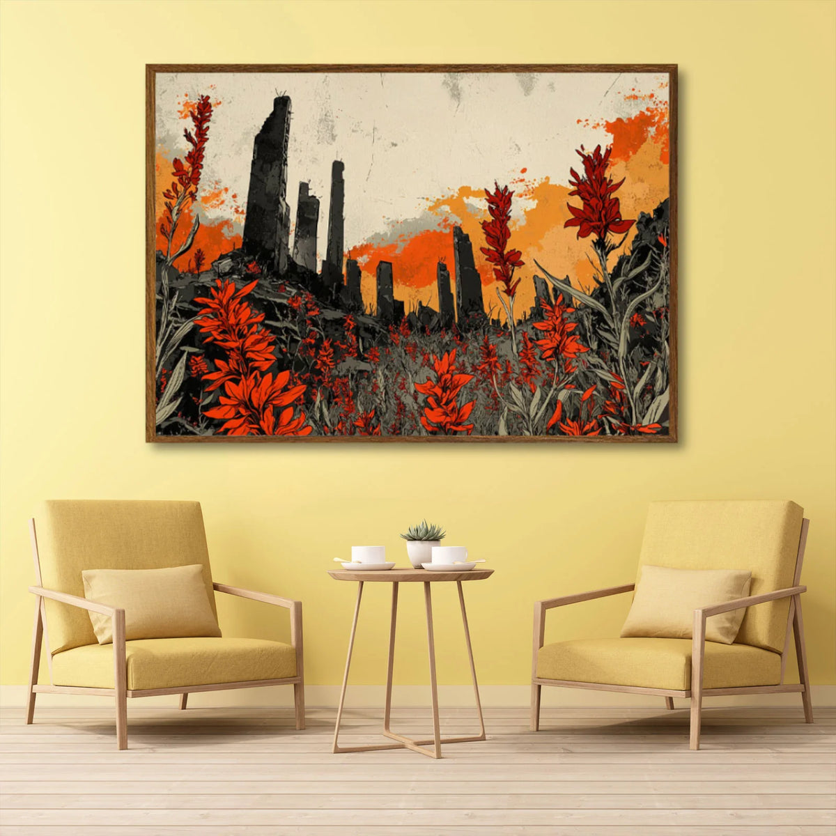 Tall broken stone ruins rise across rocky ground, bright red wild flowers fill foreground, warm burnt‑orange textured sky stretches overhead