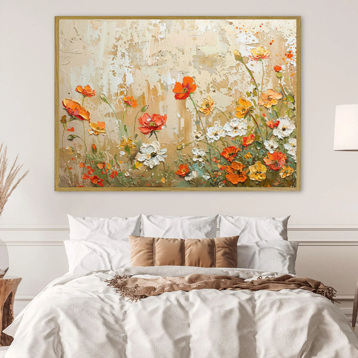 Palette knife floral painting, mixed and daisies in warm tones