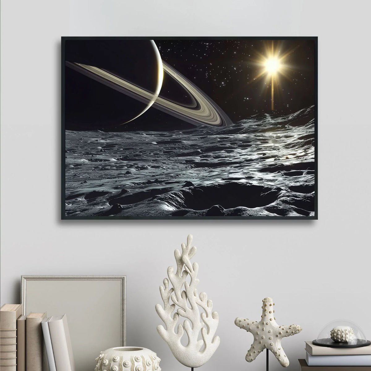 Saturn planet space wall art print, alien moon surface cosmic artwork, view of ringed gas giant from desolate rocky satellite under bright star glow