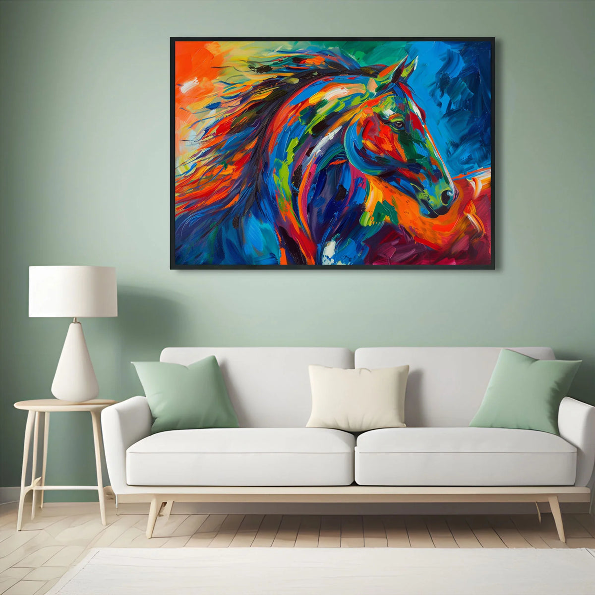 Abstract equine canvas, vibrant multicolored running horse artwork
