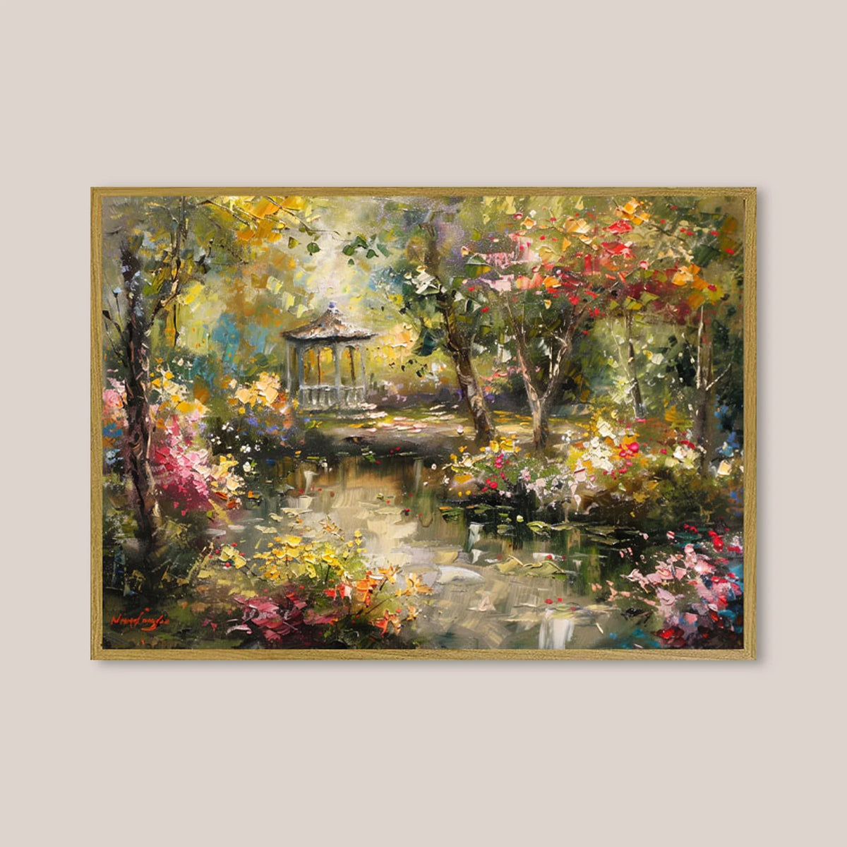 Woodland gazebo canvas art, vibrant floral scene beside reflective pond