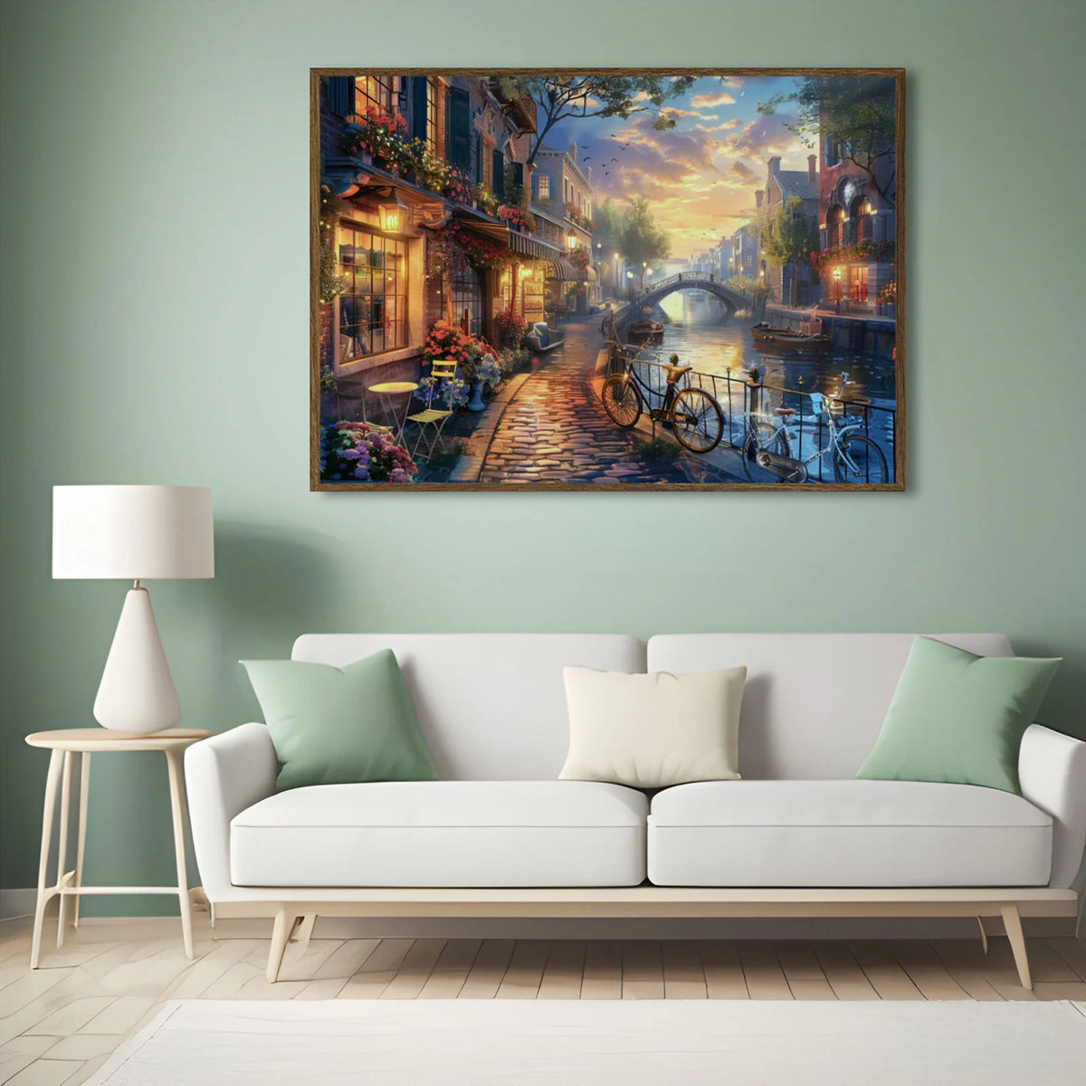 Dutch canal town wall artwork, european water city print, canal scene