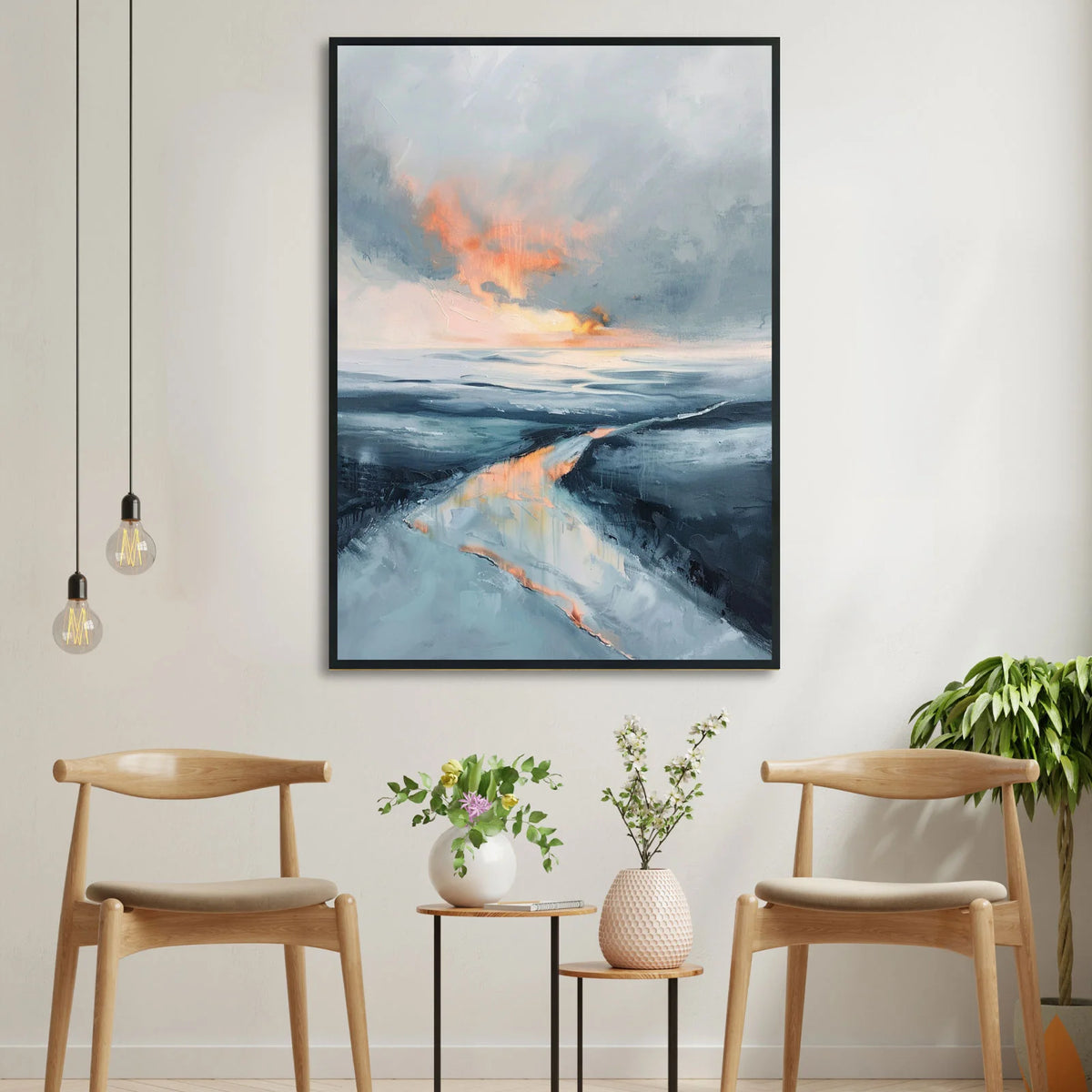 Modern nordic canvas art, textured artwork of sunset river scene