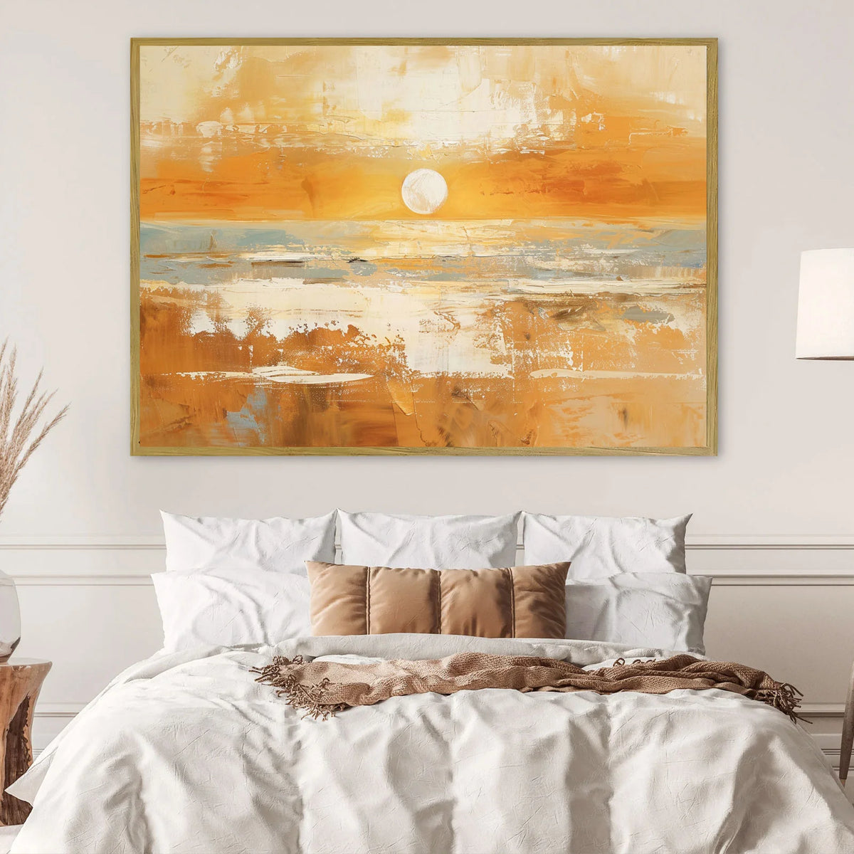 Orange‑toned textured abstract ocean sunset canvas art for contemporary living space