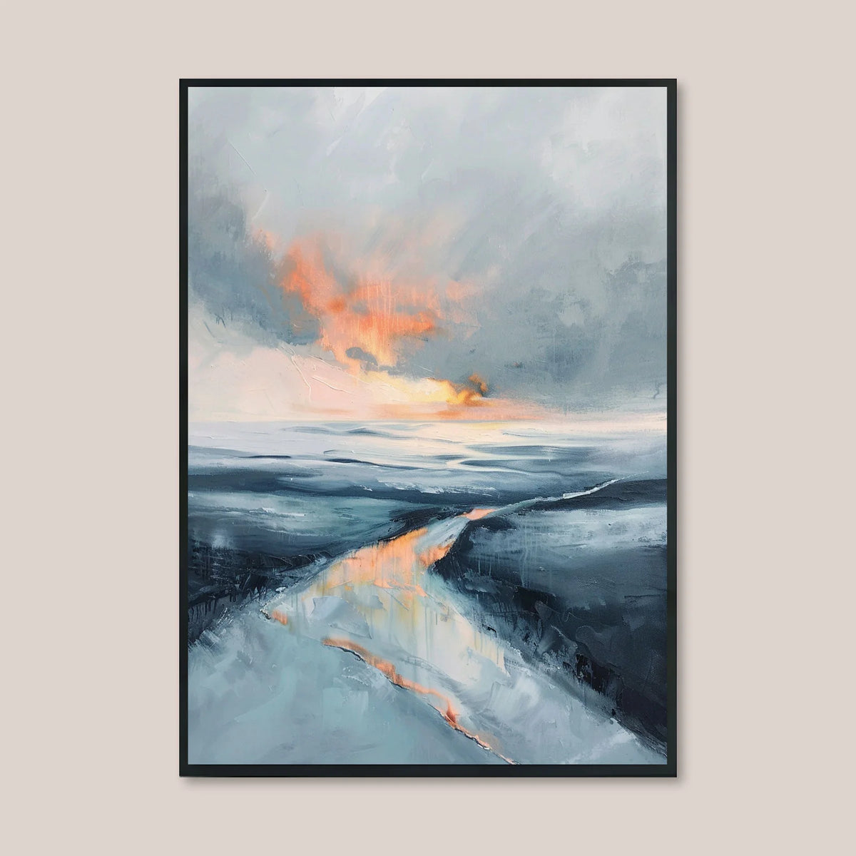 Nordic artwork, abstract sunset over scandinavian river