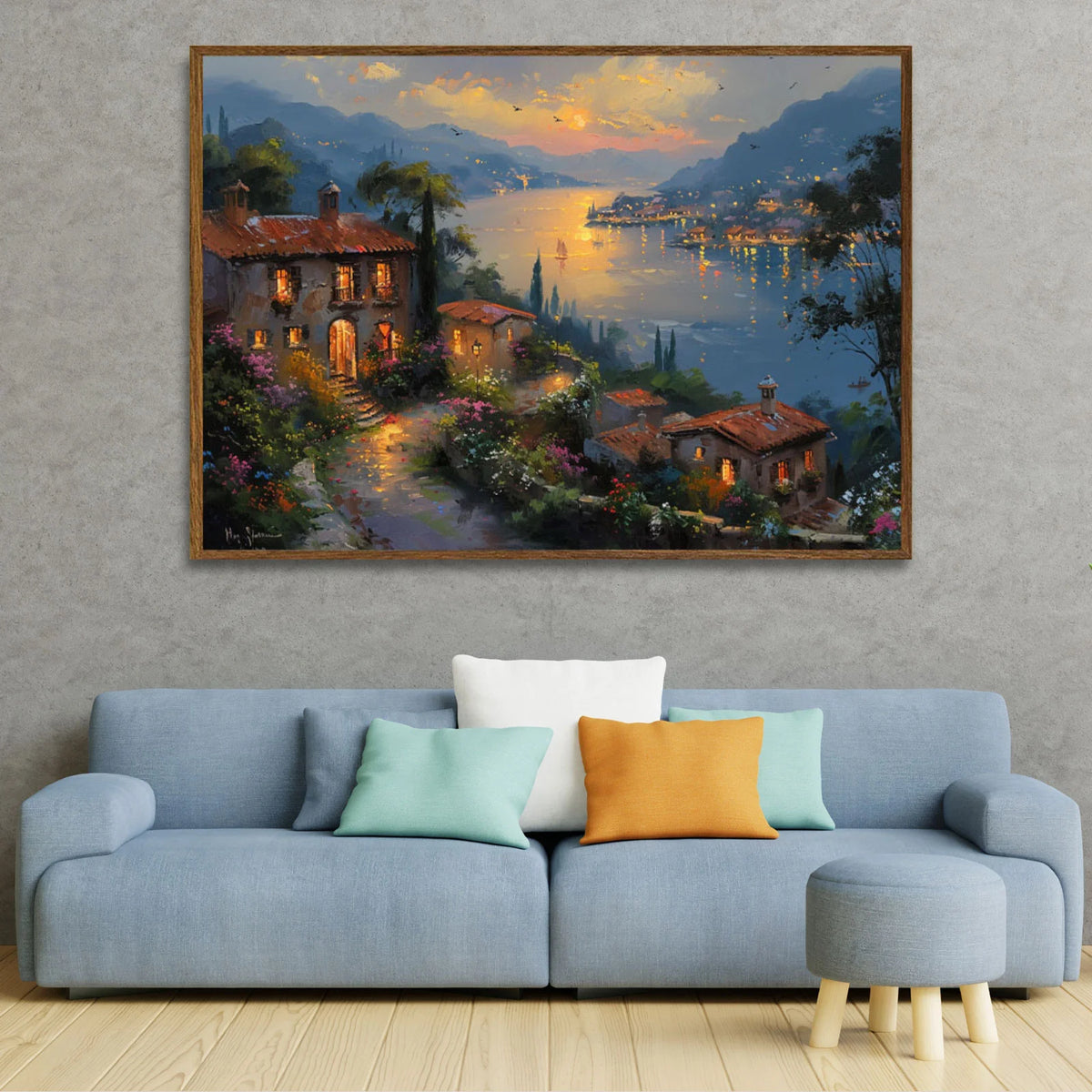 Italian village canvas art, blooming flowers along lakeside stone houses