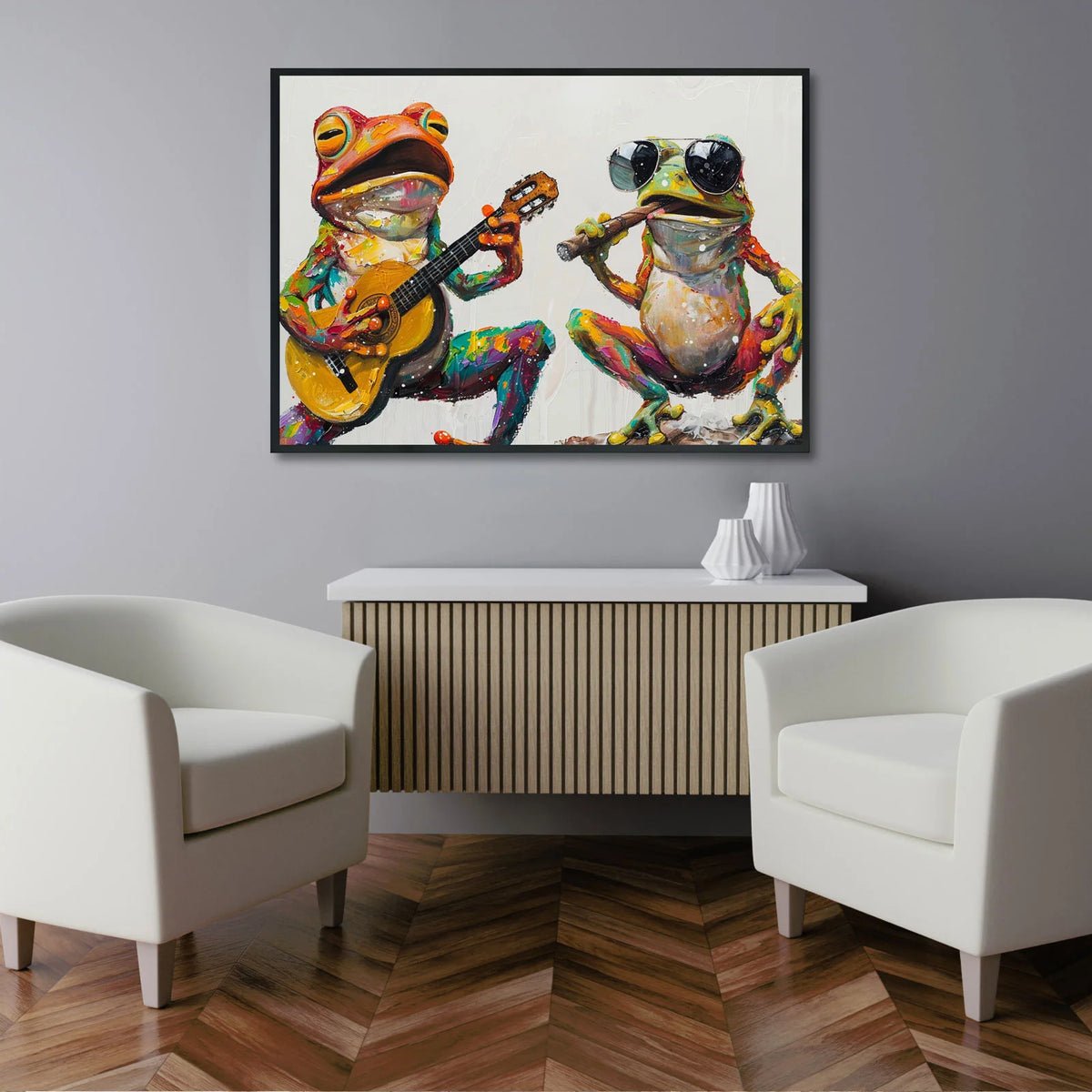 Quirky animal wall painting, guitar‑playing frog paired with cool sunglass‑wearing frog smoking cigar